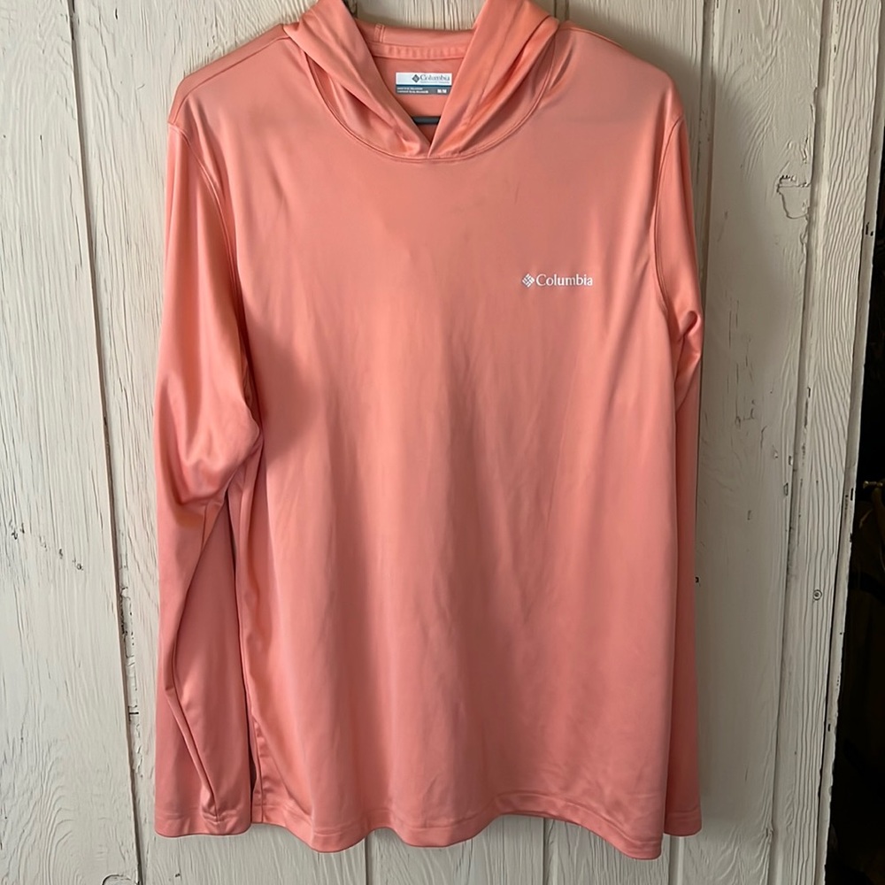 Columbia sun shirt with hood; minor stain